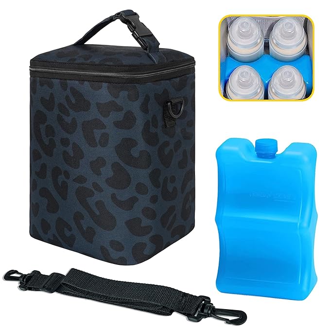 Breastmilk Cooler Bag with Ice Pack Fits 4 Bottles Up To 9 Ounce Insulated Breast Milk Cooler on the Go with Strap Baby Bottle Cooler Bag for Nursing Mom Daycare or Travel