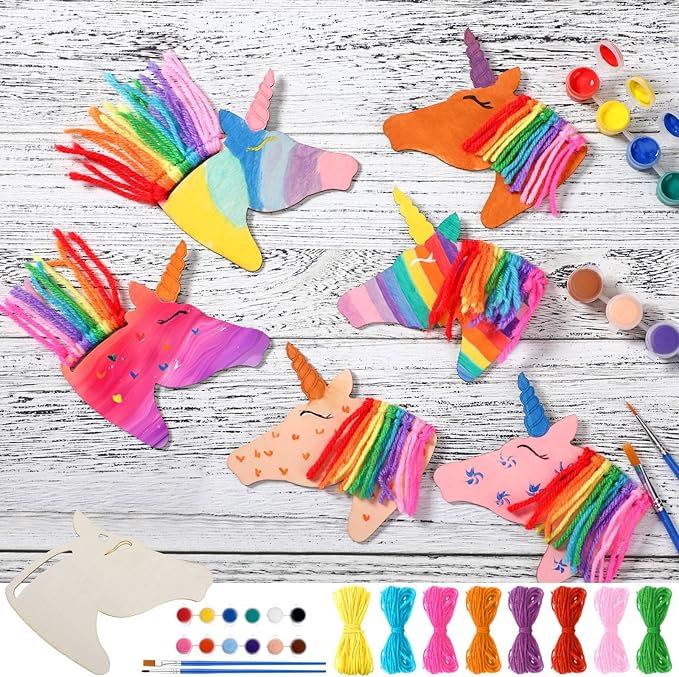 Geelin 24 Pcs Christmas Wooden Horse Craft Western Ornament Unfinished Wooden Cutouts Horse Painting Kit Unicorn Ornament DIY Cowboy Craft Paint Your Own Art for Christmas Party Favors(Unicorn)