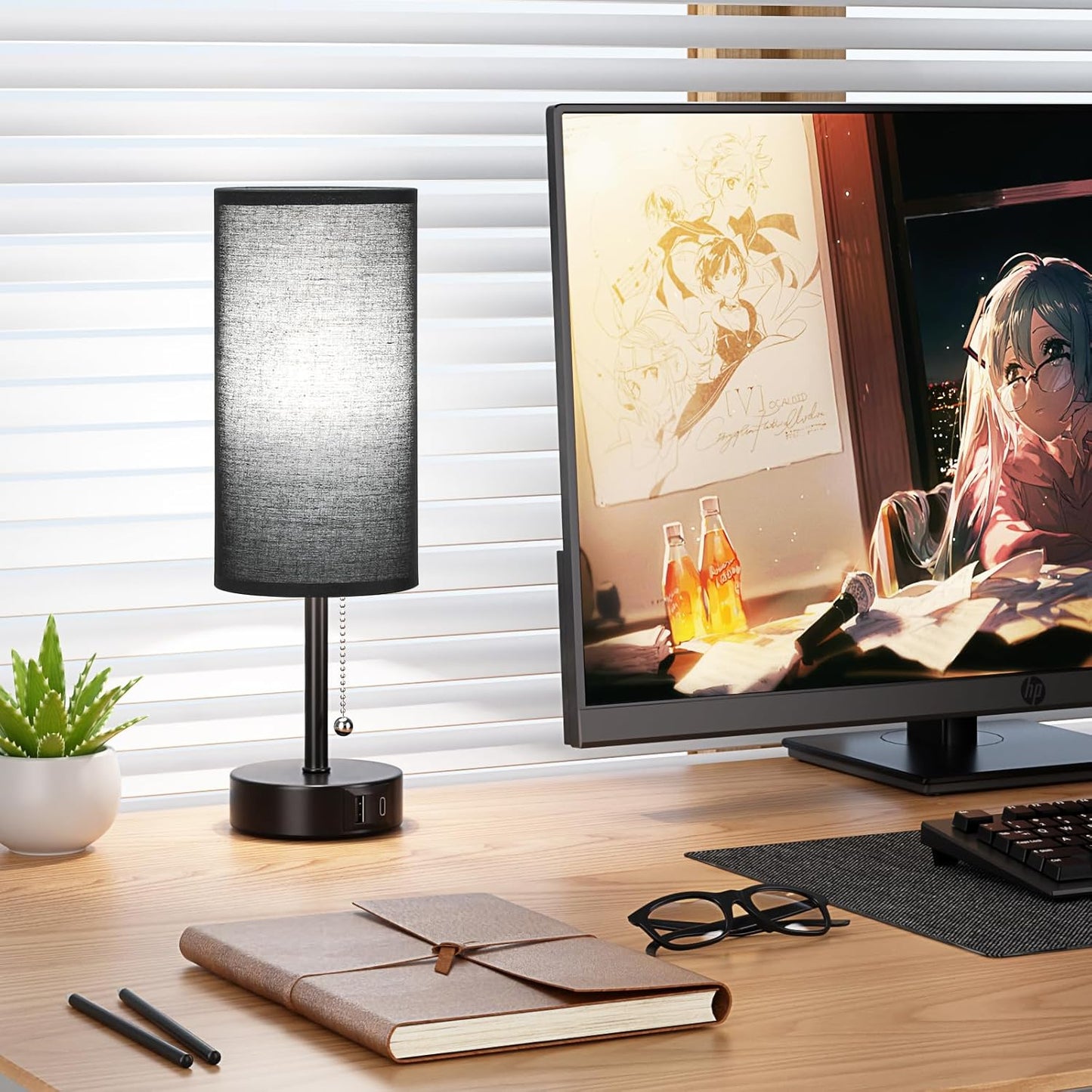 Black Bedside Lamp for Bedroom Nightstand - Small Table Lamp with USB A + C Charging Port, 3 Color Temperatures Pull Chain Night Stand Light with Bulb， Side Table Desk Reading Lamp for Living Room