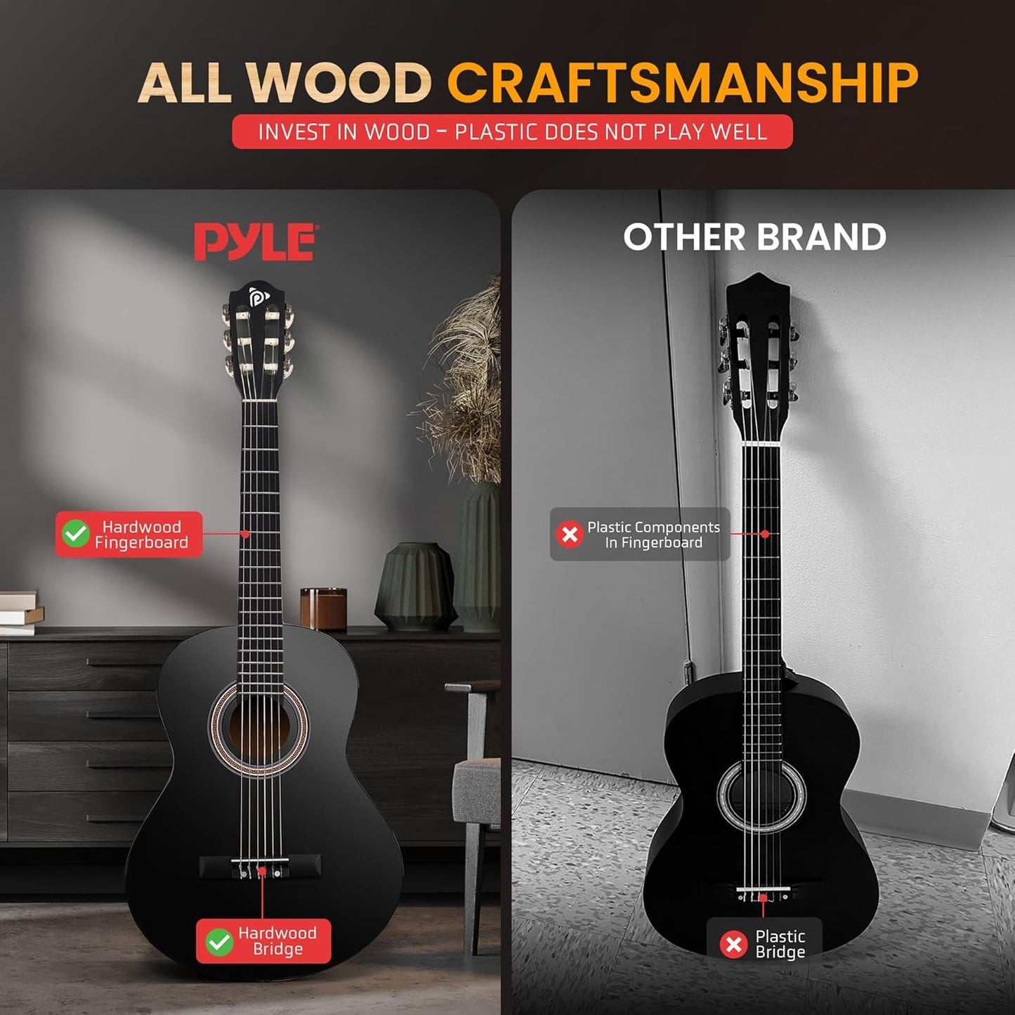 Pyle Beginner Acoustic Guitar Kit, 1/2 Junior Size All Wood Build Nylon String Instrument with Capo, Strap, Extra String Set, Gig Bag, Guitars for Beginners Adults Youth, 34" Black Gloss