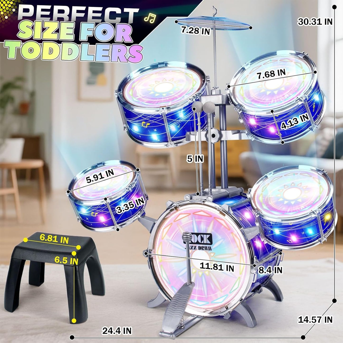 Kids Drum Sets for 2-5, Toddler Drum Set Ages 1-3, Junior Mini Jazz Full Size Small Band Rock Drums Making Kit Toys Percussion Musical Instrument Rhythm Beat Play Sets for Toddlers Boys Girls
