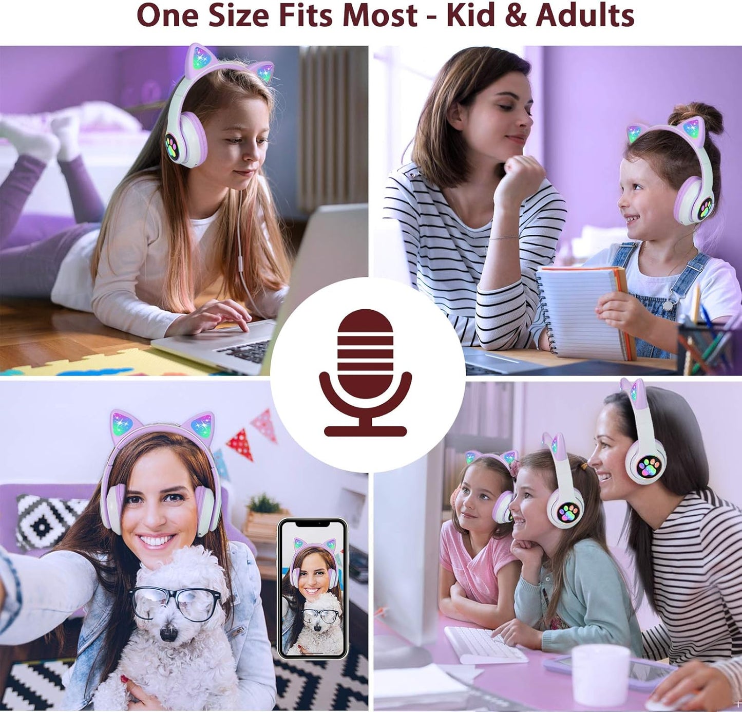 TCJJ Kids Wireless Headphones - Cat Ear LED Light Up, Bluetooth 5.4, Safe Volume Limit, Noise Cancelling with Mic & TF Card for Girls Boys Toddlers School (Purple)