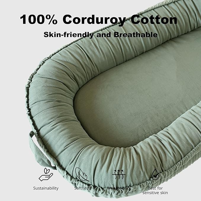Infant Lounger, Baby Nest Cover for Baby Girls & Boys, Newborn Essentials for Baby 0-18+ Months, 100% Cotton Breathable (Sage Green, Corduroy)