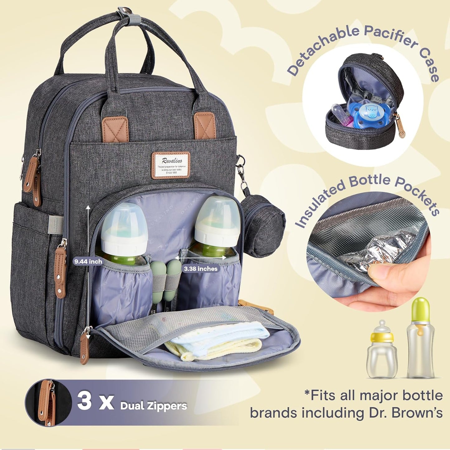 RUVALINO Diaper Bag Backpack, Multifunction Travel Pack Maternity Baby Changing Bags, Large Capacity, Waterproof, Dark Gray