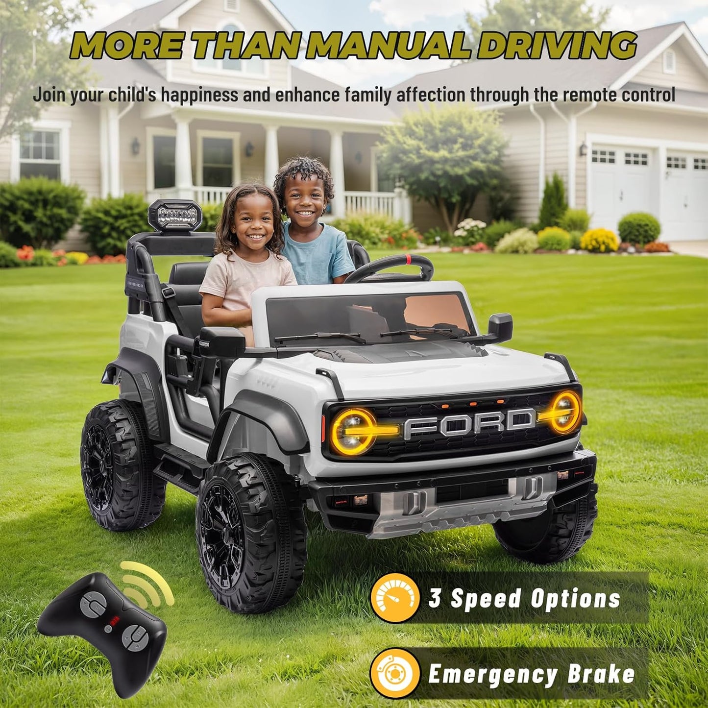 ENYOPRO 24V Ride On Toys for Big Kids, Licensed Ford Bronco Raptor 2-Seater Electric Car w/Remote Control, 21" Spacious Seat, 2x90W Powerful Motor, Spring Suspension, Bluetooth Music, 3 Speed - White