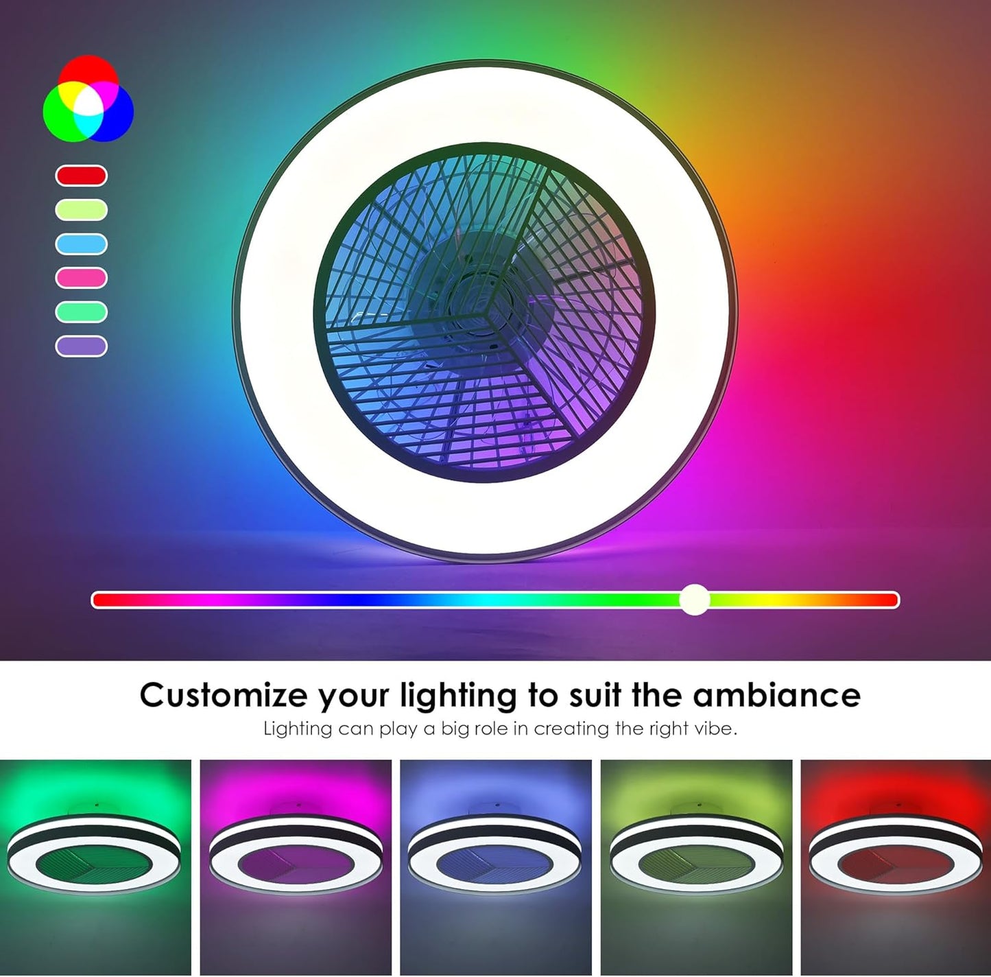 Smart Low Profle Ceiling Fans with RGB Lights Remote/APP/Voice Control, 20" Bladeless Ceiling Fans with 6 Speeds, Timer, Quiet DC Motor, Ceiling Fan with Light for Kids Bedroom/Living Room