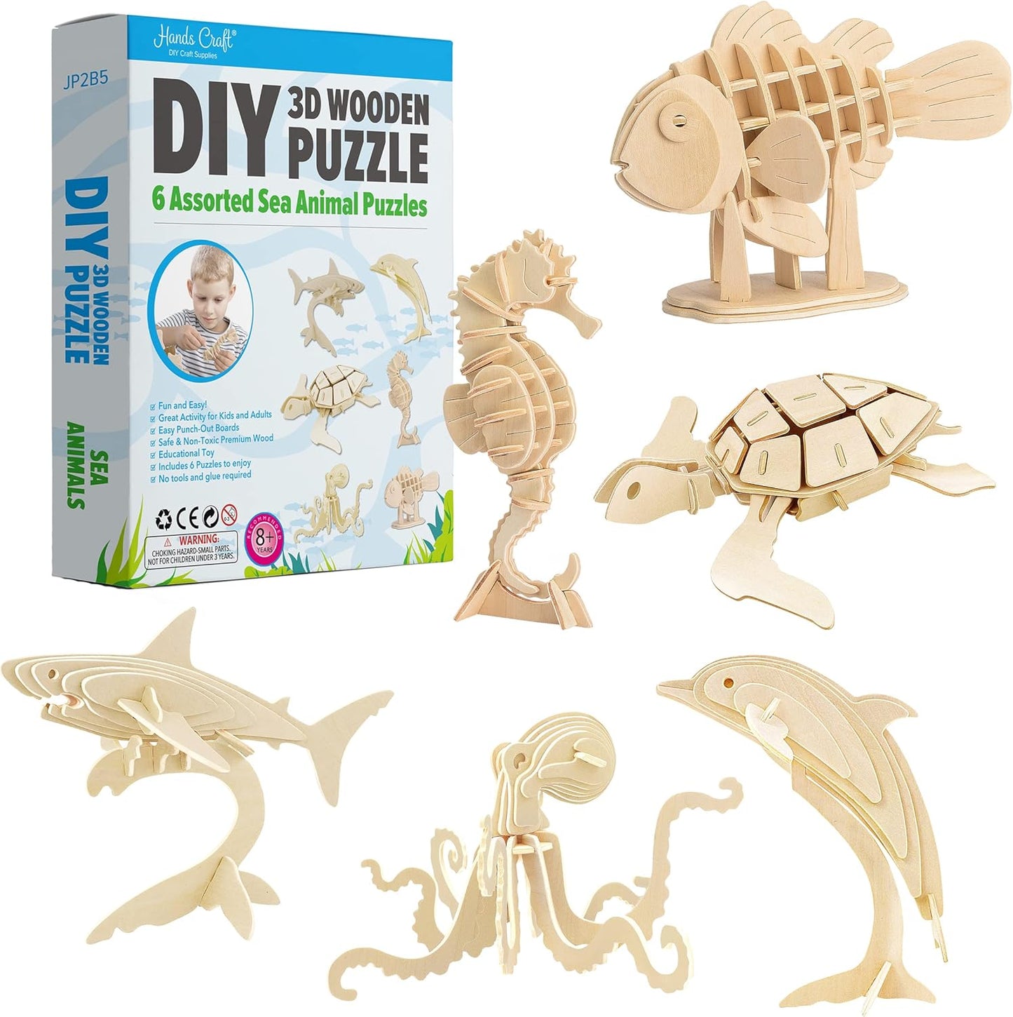 Hands Craft DIY 3D Wooden Puzzle – 6 Assorted Sea Animals Bundle Pack Set Brain Teaser Puzzles Educational STEM Toy Adults and Kids to Build Safe and Non-Toxic Easy Punch Out Premium Wood JP2B5