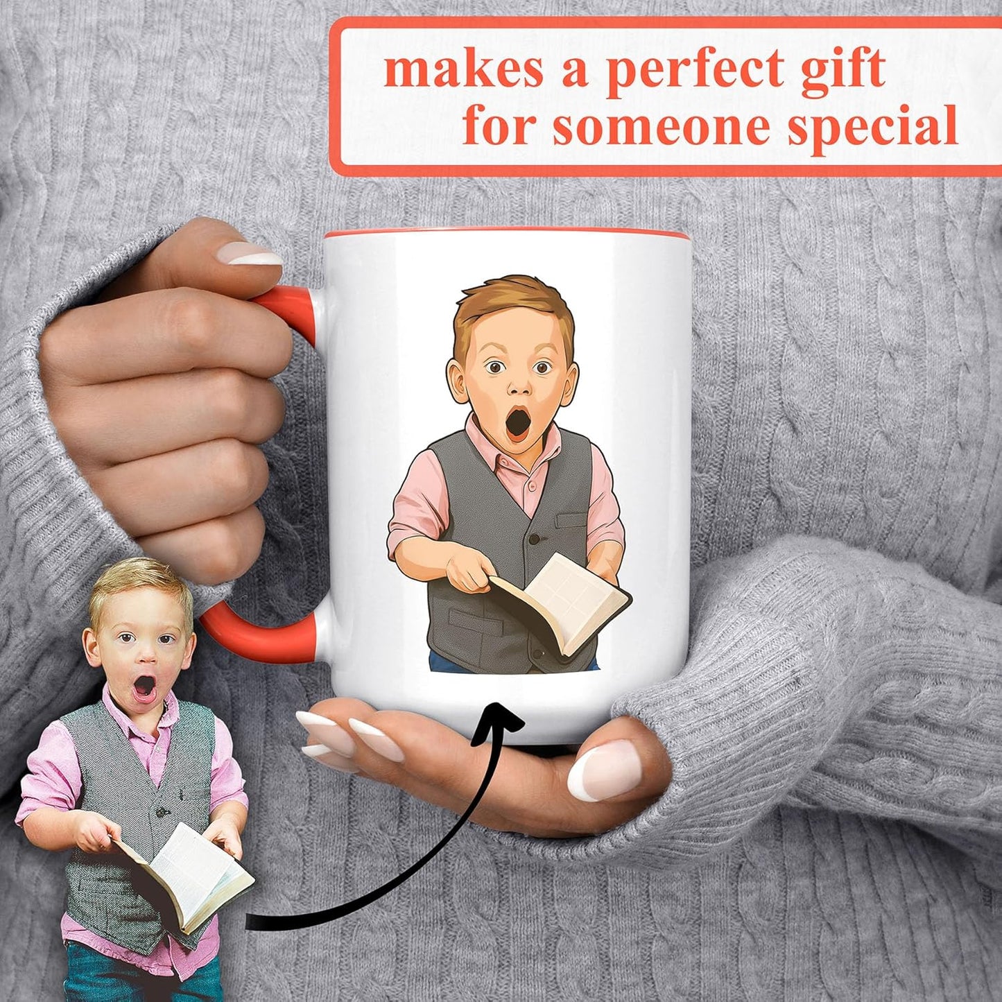 Personalized Coffee Mug, Custom Drawing Portrait Gift, Funny Customized Coffee Gift for Men & Women, Custom Mugs with Pictures, Orange 15oz Customized Ceramic Tea Cup