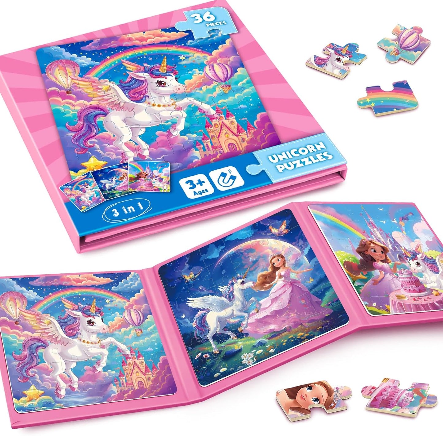 Magnetic Jigsaw Puzzles for Toddlers Kids 3-8 Girls,(3 36-Pieces) Travel Puzzles Toys for Kids Ages 4-6,Take-Along Car Airplane Road Trip Activities Game for 3 4 5 6 7 8 Year Old Birthday Gift