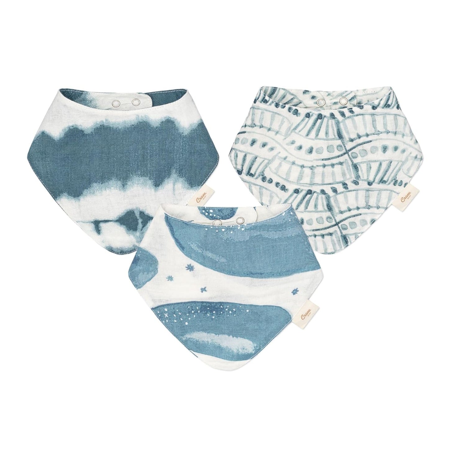 Crane Baby Soft Muslin Baby Bib Set, Adjustable and Absorbent Bandana Style Bibs for Boys and Girls, Whale, 3 Piece, 18.5” x 9”