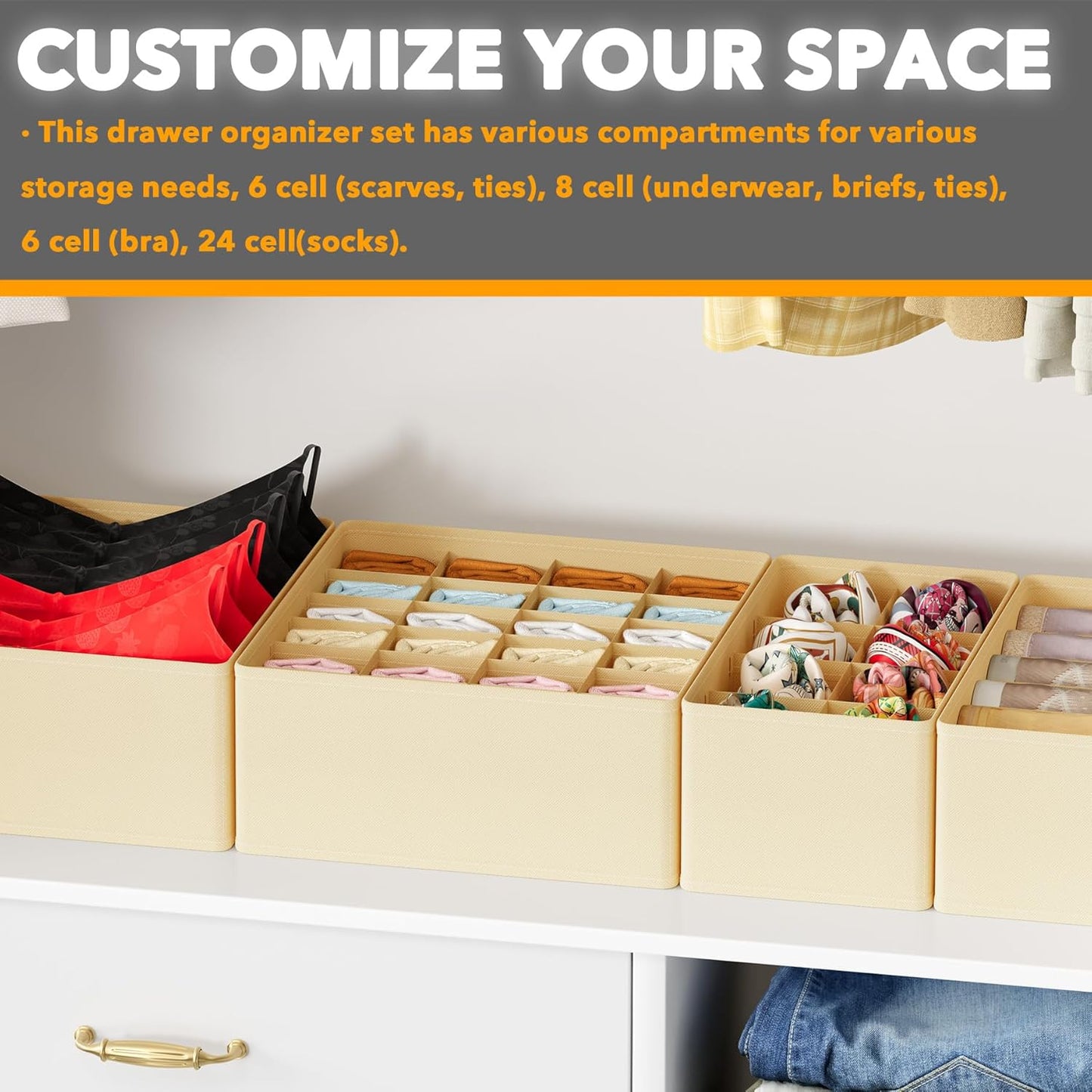 SpaceAid Underwear Drawer Organizer, 4 Pack Dresser Organizer Bins for Nursery, Closet Organization and Storage with Dividers for Baby Clothes Socks Bra Ties Scarf (Beige)