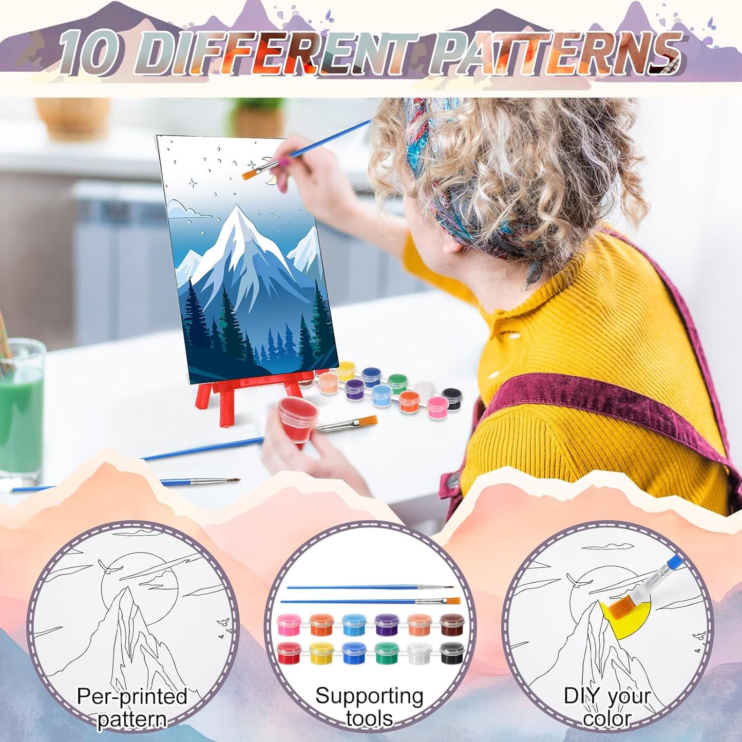 Blosssound 10 Set Pre Printed Canvas Pre Drawn Canvas Painting with Easel Kits 5" x 7" Outline Painting Panels for Beginners, DIY Craft Project, Party Favor, Home Decors(Sunset)