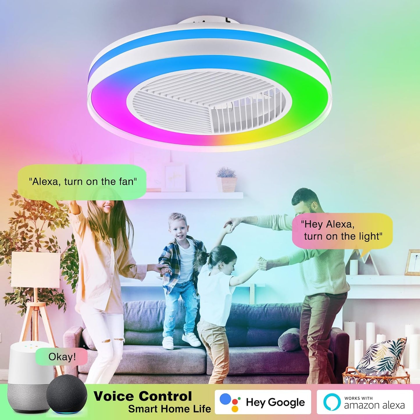 Smart Low Profle Ceiling Fans with RGB Lights Remote/APP/Voice Control, 20" Bladeless Ceiling Fans with 6 Speeds, Timer, Quiet DC Motor, Ceiling Fan with Light for Kids Bedroom/Living Room