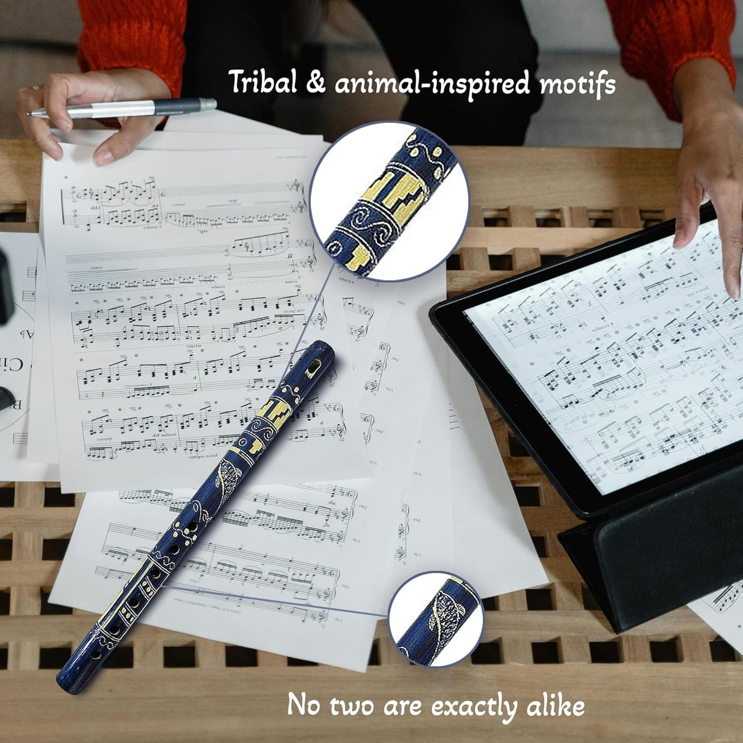 Mia Jewel Shop - Handmade Colored Bamboo Wooden Flute | Tribal Nature Pattern | Native Recorder for Beginners, Meditation & Music Lovers (Blue)