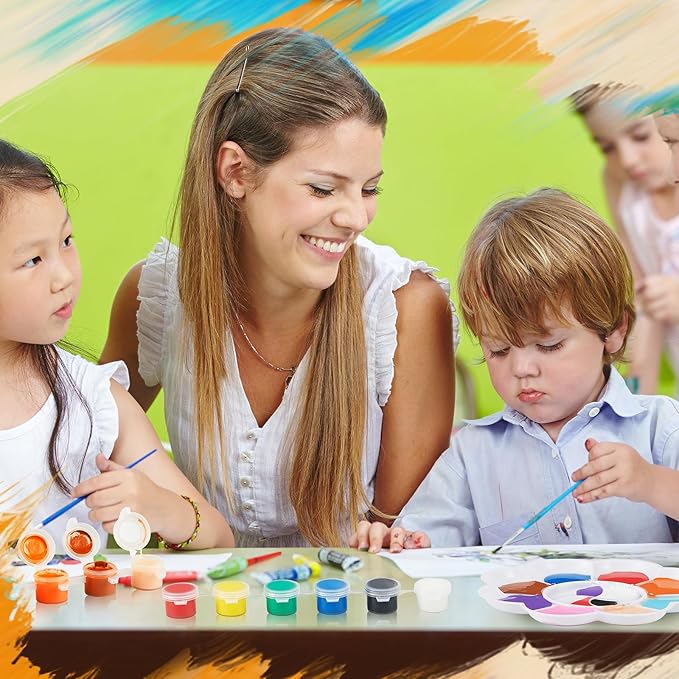 Fulmoon 48 Set Acrylic Paint Kits for Kids Adults Washable Mini Painting Kit Arts Crafts Party Favors Filled Strips Brushes Palettes Bulk for Classroom Home Kit Supplies (Vivid Color)