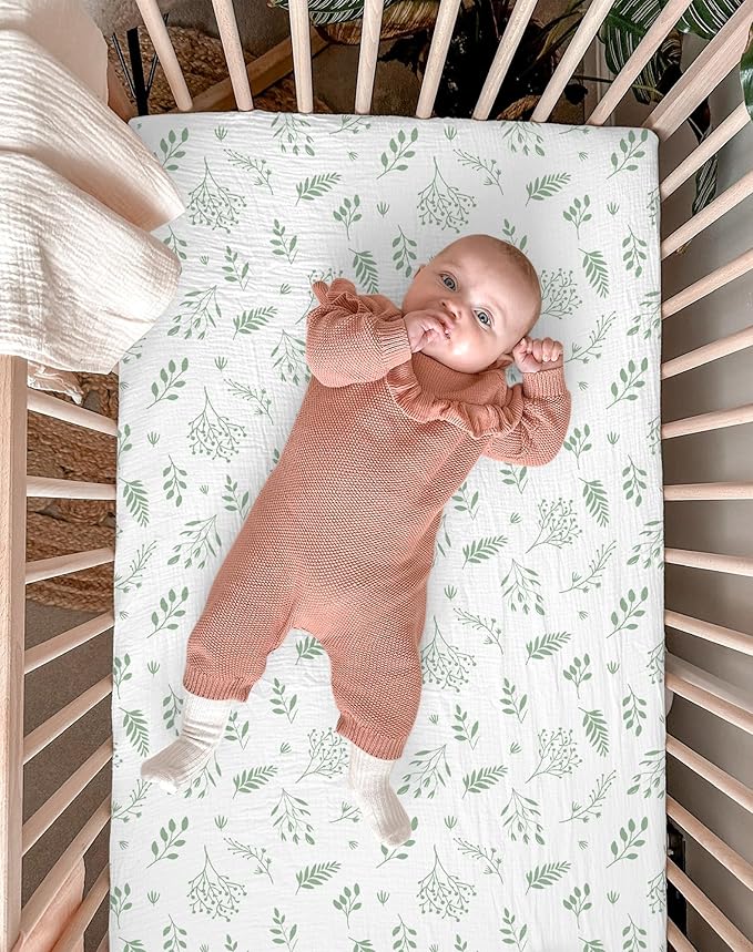 Bassinet Sheet for Baby Boy and Girl 2 Pack, Fitted Sheets for Rectangle, Oval, Hourglass Bassinet Mattress, Muslin Moses Basket Sheets with Neutral Style (Fern Leaf & Sage)