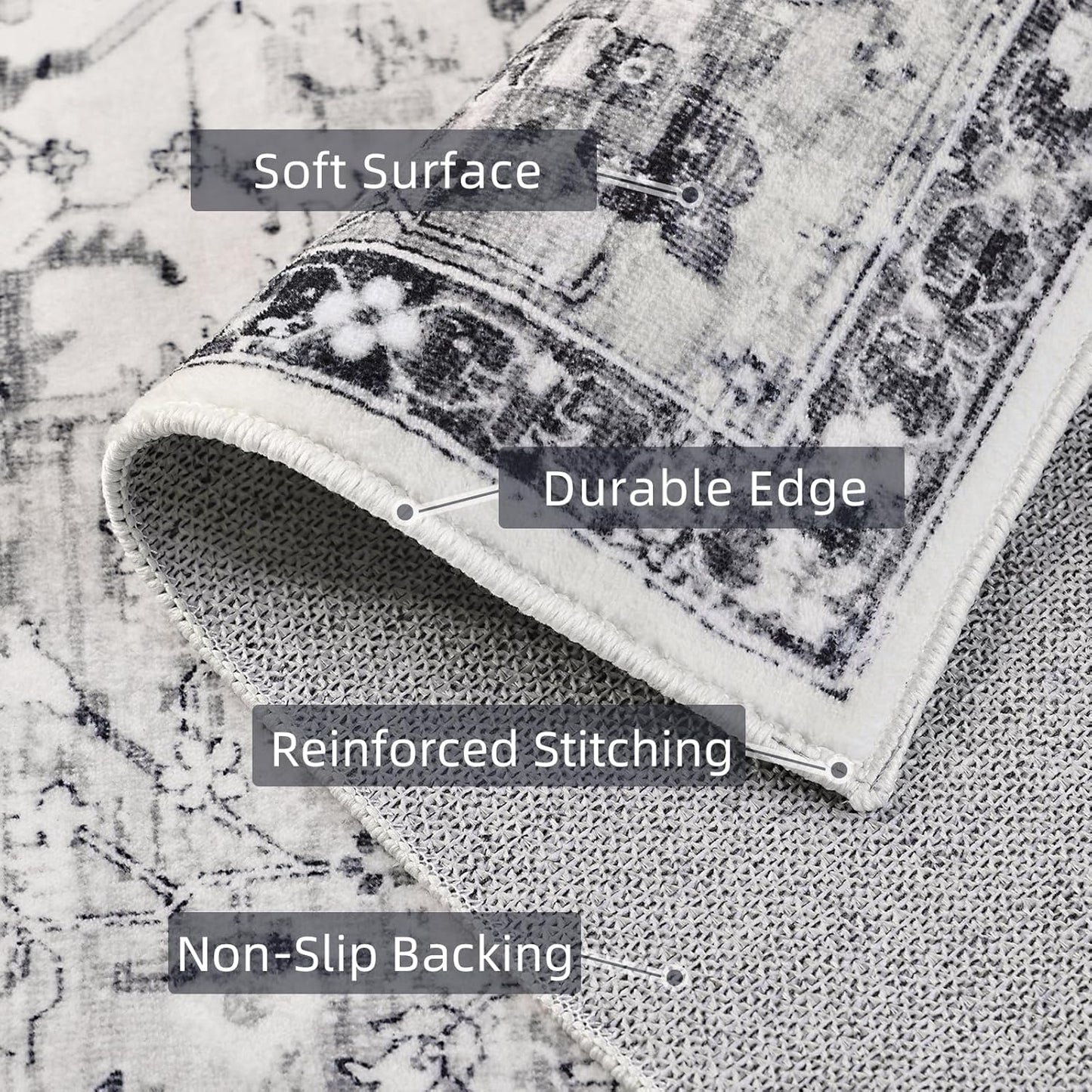 Deerly 8x10 Rug for Living Room Boho Washable Rugs Large Non-Slip Distressed Carpet Area Rug Oriental Neutral Print Floor Rug Indoor Stain Resistant Border Grey/Navy