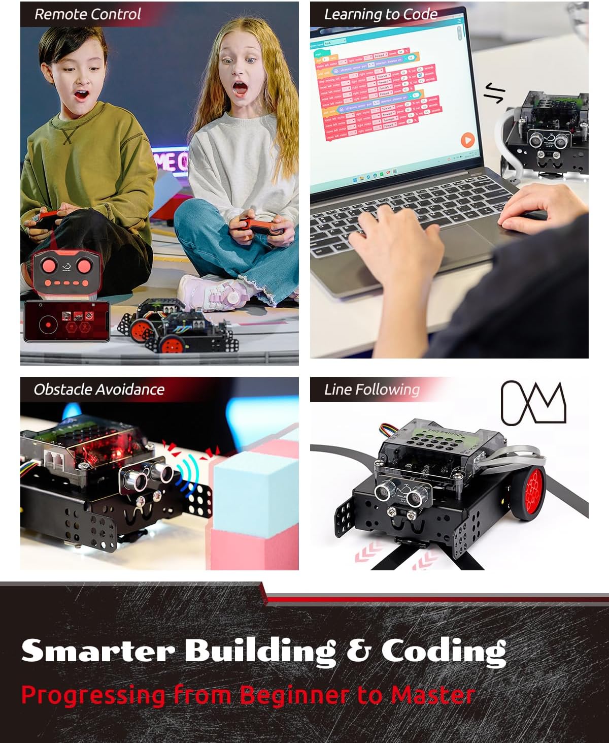 WhalesBot Rocky Smart Robot Car Coding & Remote Control Kit for Kids 8-16, Modular/Scratch/Python/C Programming, Educational Engineering Science Toy Set with Multiple Sensors and Smart Controller