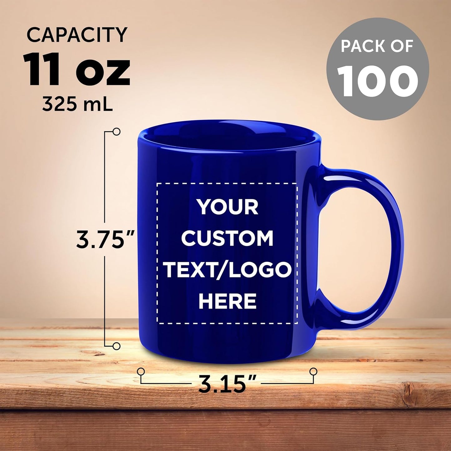 Custom Ceramic Coffee Mugs 11 oz. Set of 100, Personalized Bulk Pack - Coffee cup set, Iced coffee cup, Gaming mug - Royal Blue