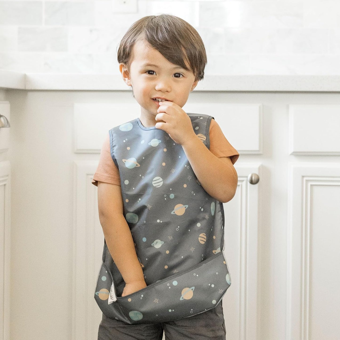 Tiny Twinkle Mess Proof Baby Bib - Waterproof & Lightweight Baby-Led Weaning Apron | 100% Recycled Polyester, Easy Clean & Machine Washable (Space, Small 6-24 Months)