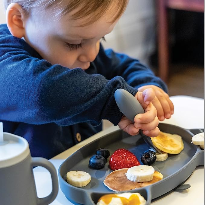 Baby Cutlery Set With Case, Spoon & Fork for Self Feeding, Silicone, 6 Months Plus (Grey)