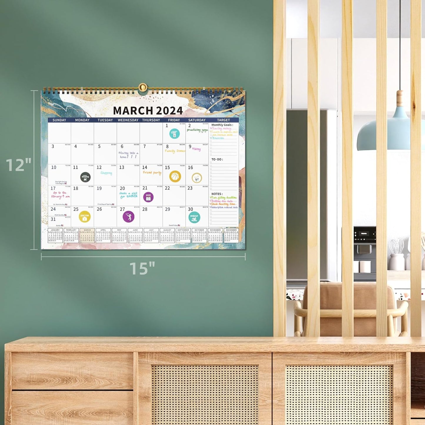 Calendar 2024-2025 Planner Wall Hanging Spiral Bound Magnetic Fridge Calendars 15" x 12", Use Jan 2024 - Jun 2025