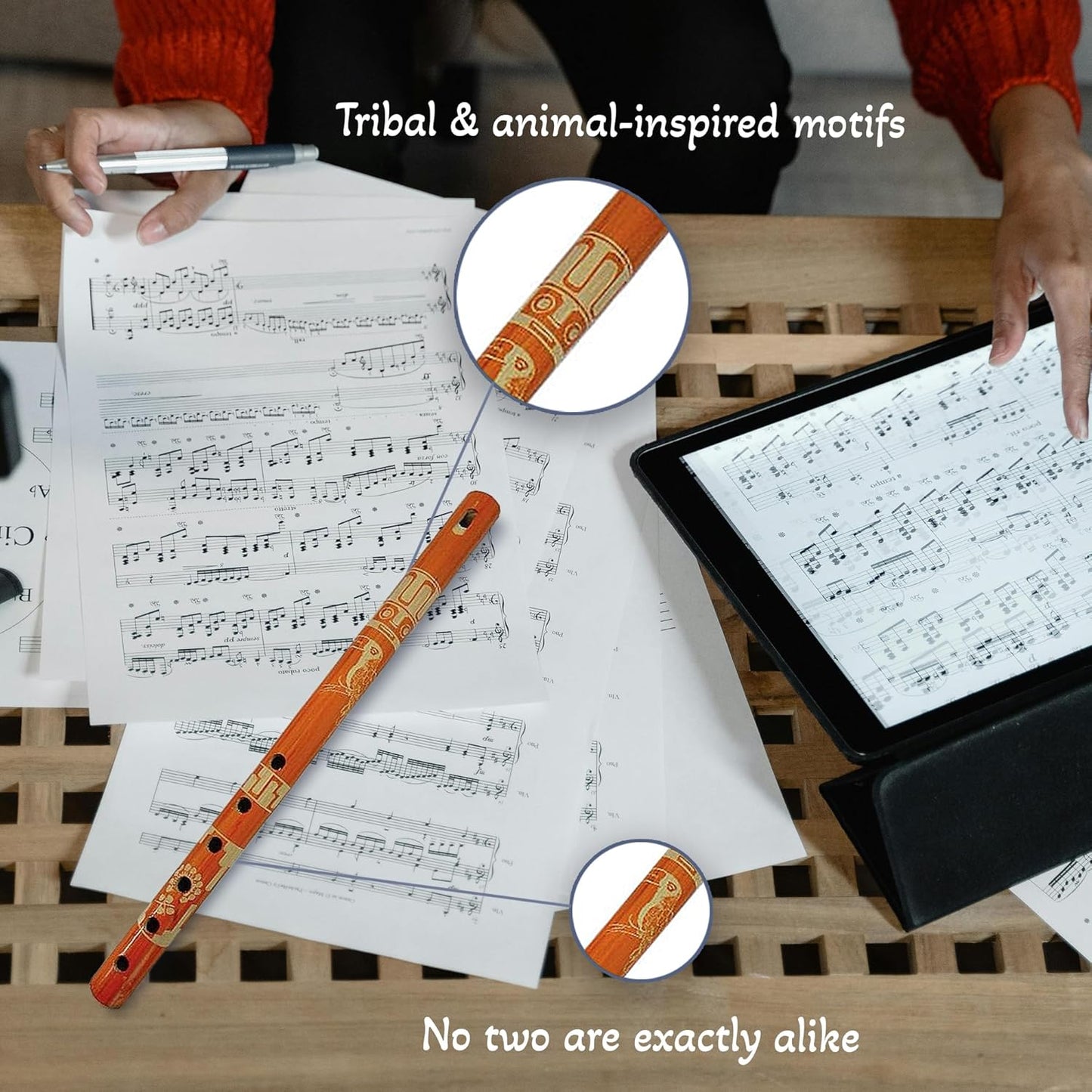 Mia Jewel Shop - Handmade Colored Bamboo Wooden Flute | Tribal Nature Pattern | Native Recorder for Beginners, Meditation & Music Lovers (Orange)