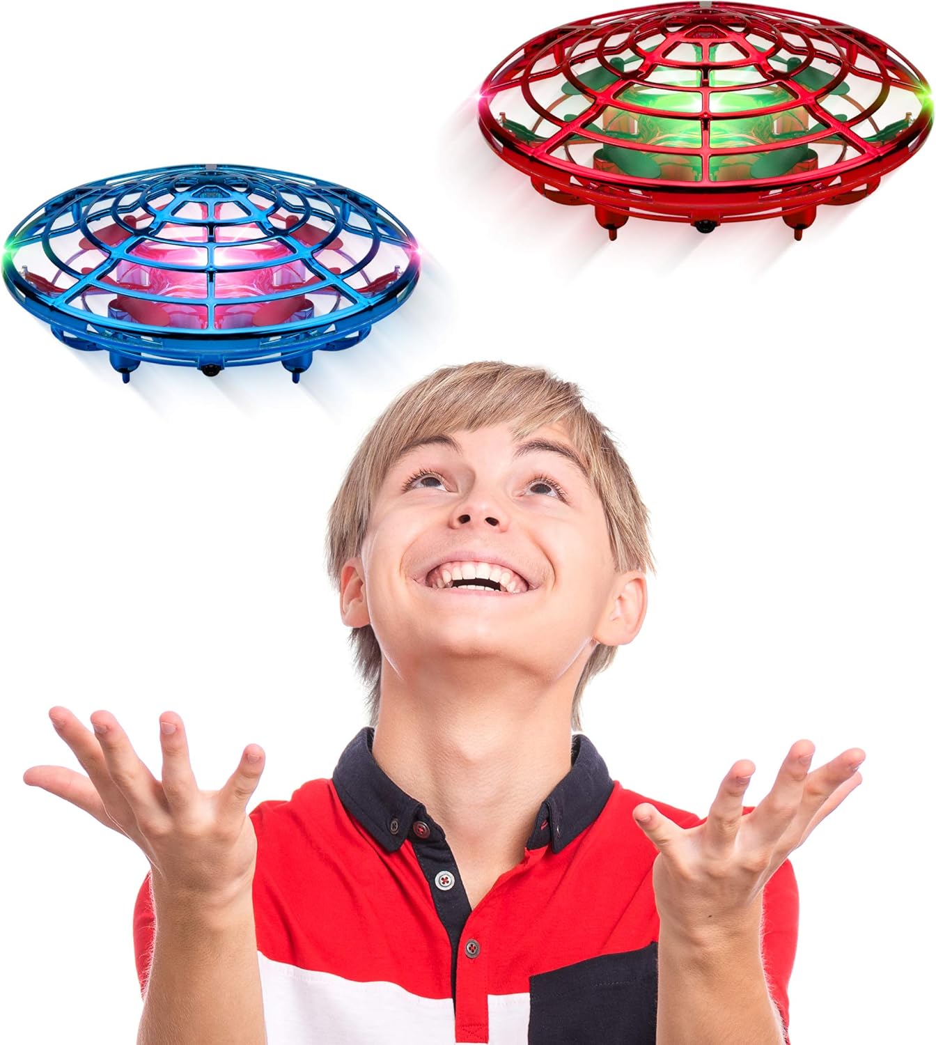 Force1 Scoot Duo Hand Operated Drone for Kids or Adults - 2pk Hands Free Motion Sensor Mini Drones, Easy Indoor Flying Ball Small UFO Toys for Boys and Girls (Red and Blue)