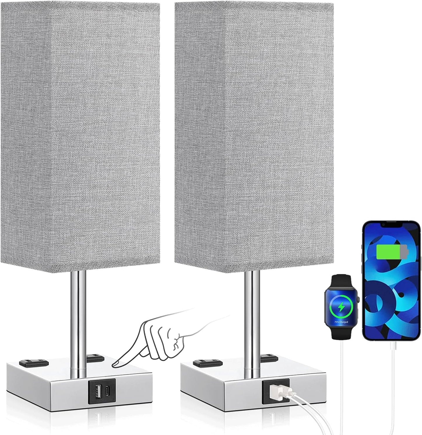 aooshine Gray Set of 2 Touch Lamps with USB Port Nightstand Lamp with USB-C+A Charge Ports & AC Outlets, 3-Way Dimmable Bedside Lamp, Small for Bedroom Living Room (Bulb Included)