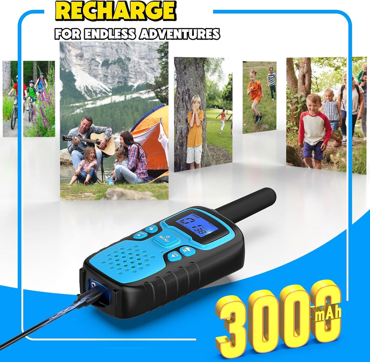 Wishouse Walkie Talkies for Kids Rechargeable Long Range,Xmas Birthday Gift for 4 5 6 7 8 9 Year Old Boys Girls,Hiking Gear Camping Games Cool Toys with NOAA,SOS Siren,Lamp,Lanyards,Easy to Use,2 Pack