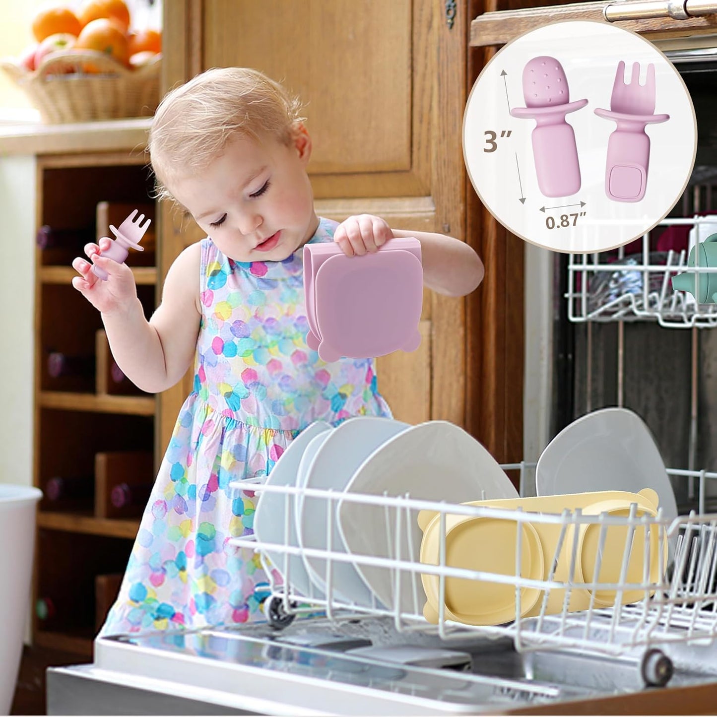 Silicone Foldable Novelty Dinner Plates,Suction Plates for Baby Travel Essential with Forks and Spoons,Microwave & Dishwasher Safe,Baby Blue
