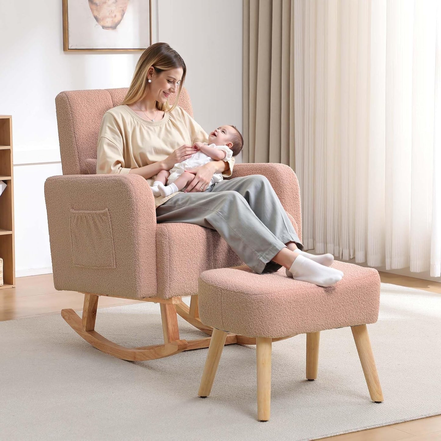 Rocking Chair with Ottoman, Upholstered Glider Rocker with High Backrest and Side Pocket, Comfy Reading Chair with Solid Wood Legs for Nursery, Living Room,Bedroom Coffee