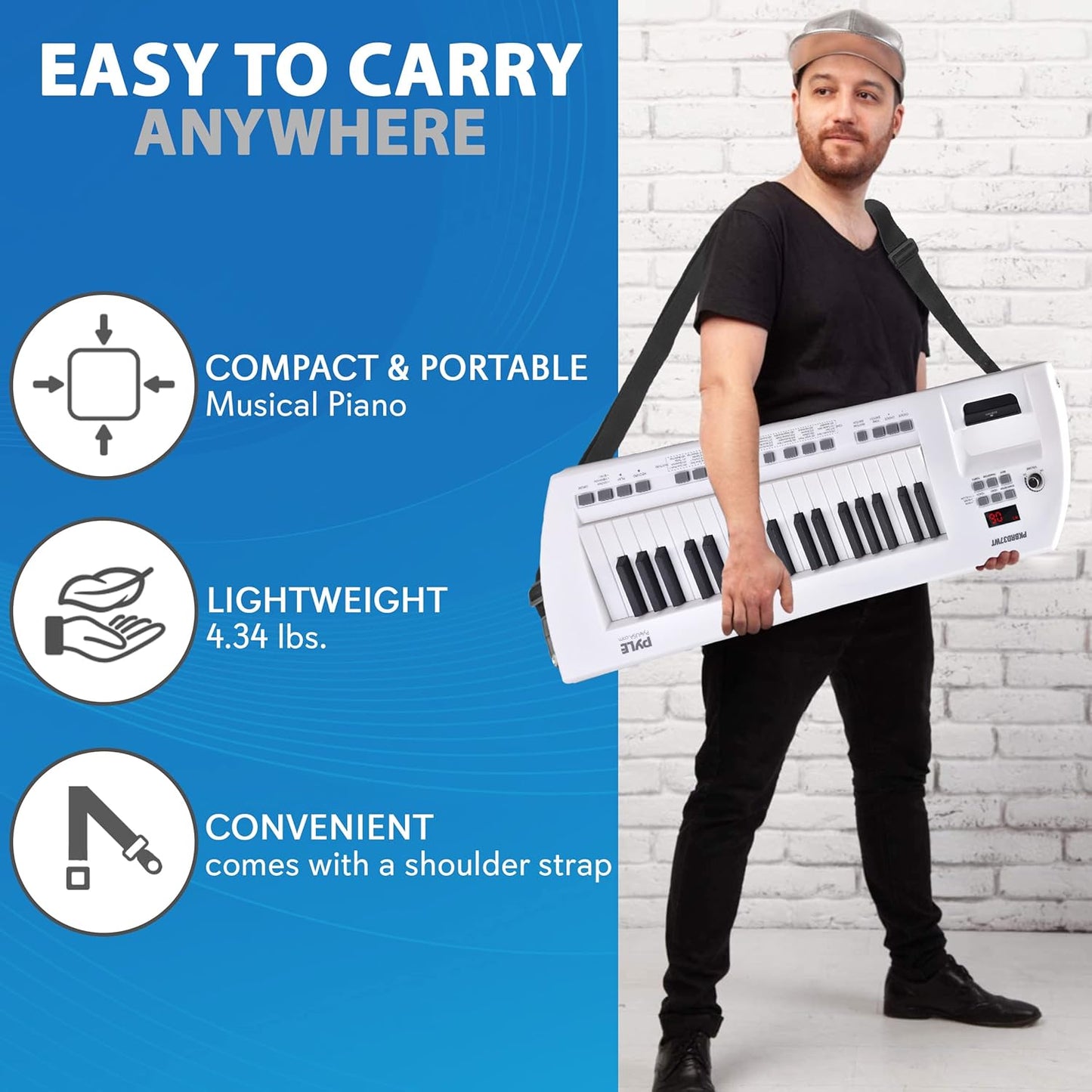 PYLE Electric Piano, 37 Keys Electric Keyboard Piano, Music Keyboard - Built-in Stereo Speakers, Rechargeable Battery, Wired Microphone, Portable Design, 200 Tones, 200 Rhythms, 50 Demos Included