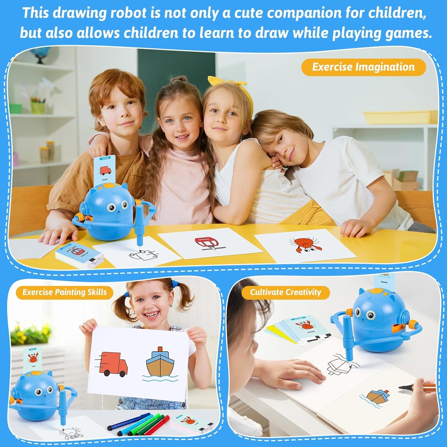 Drawing Robot for Kids, Interactive Educational Drawing Robot, Magic Painting Robot Toy with 100 Word Cards & 16 Color Pens for Girls and Boys Age 3+ (Blue)