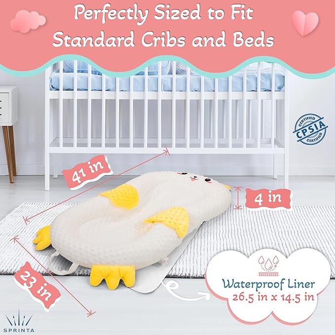 Baby Lounger for Newborn & Infant – Duckling Delight | Soft 100% Cotton Cover, Lightweight, Washable, Portable Infant Support Cushion by Sprinta