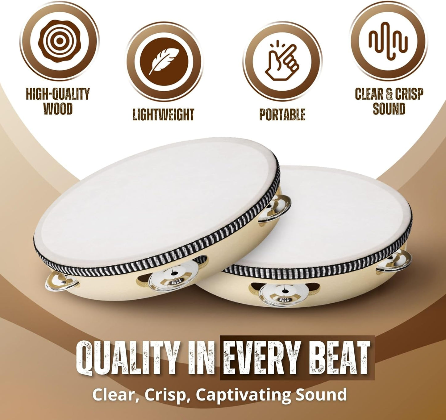 Flexzion Wood Handheld Tambourine 8" Inch Single Row 5 Pair Jingles (2 Pack, Wood) - Hand Held Percussion Drum Moon Musical Tambourine with Ergonomic Handle Grip