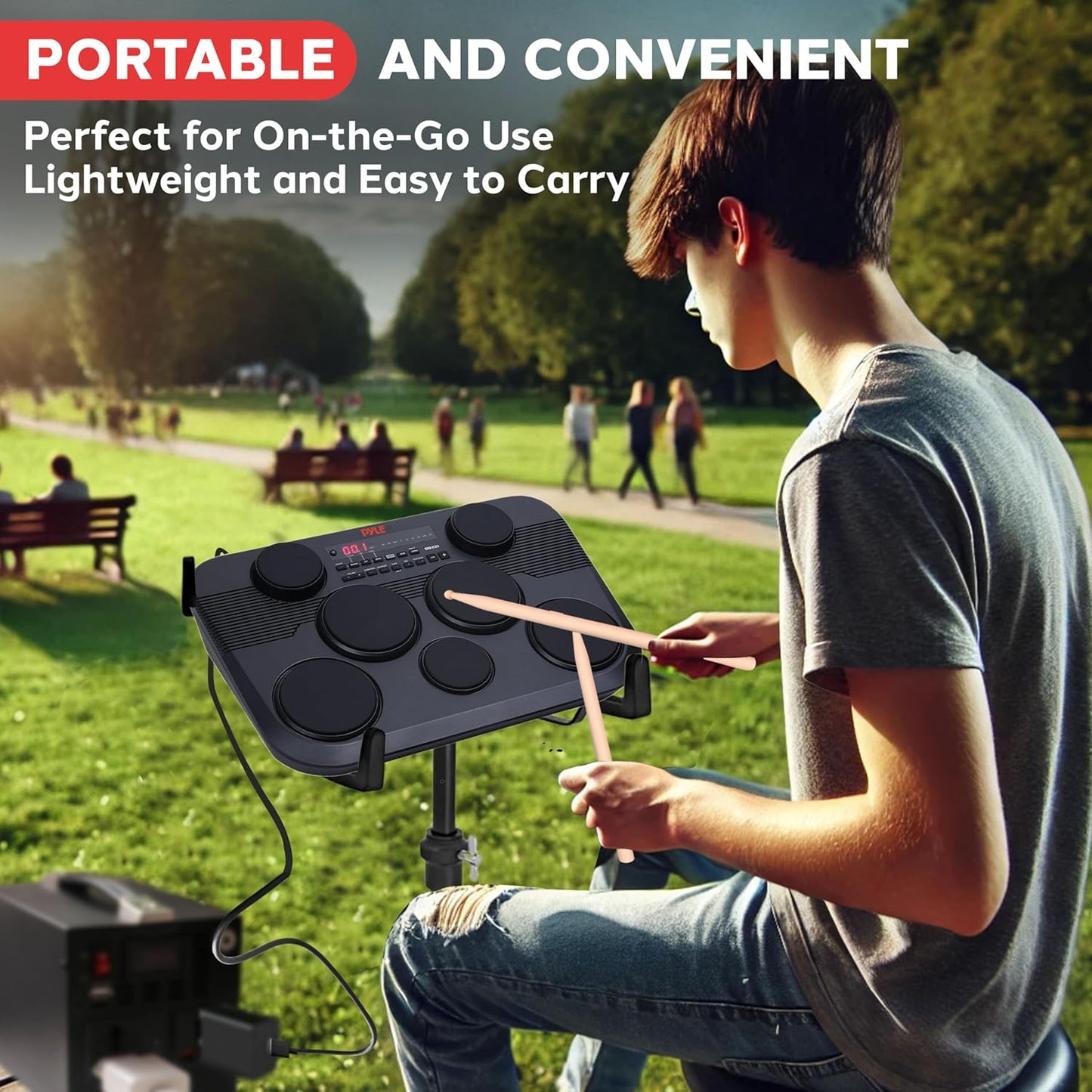 PylePro Pyle Electronic Tabletop Digital Set, Compact Portable Kit w/ 7 Touch Sensitive Pads and Pedals, 273 Sounds, USB & Headphone Outputs, MIDI/AUX Inputs, 4x5” Drums & 3x3.5” Cymbals (PTED03)