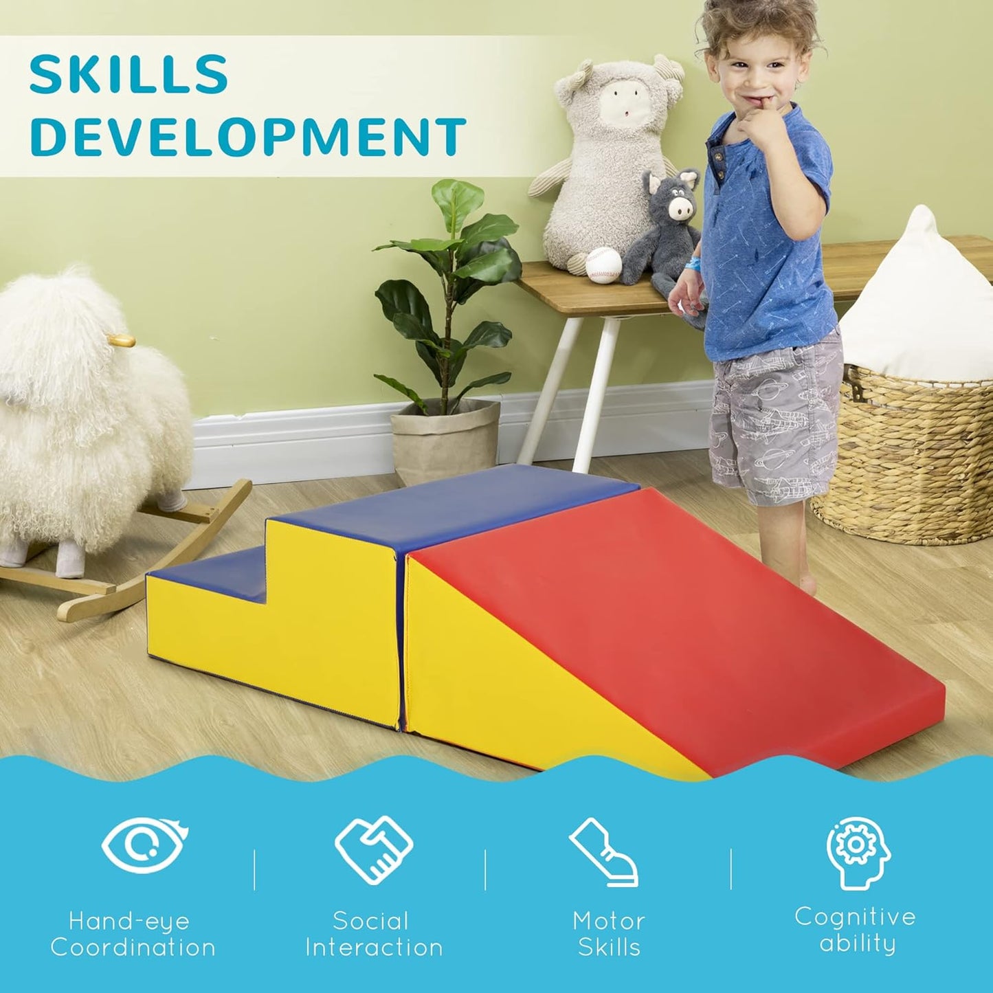Soozier 2 Piece Climb and Crawl Activity Play Set, Soft Secure Foam Playset for Toddler, Preschooler, Indoor Play, Baby Learning Toys, Multicolor