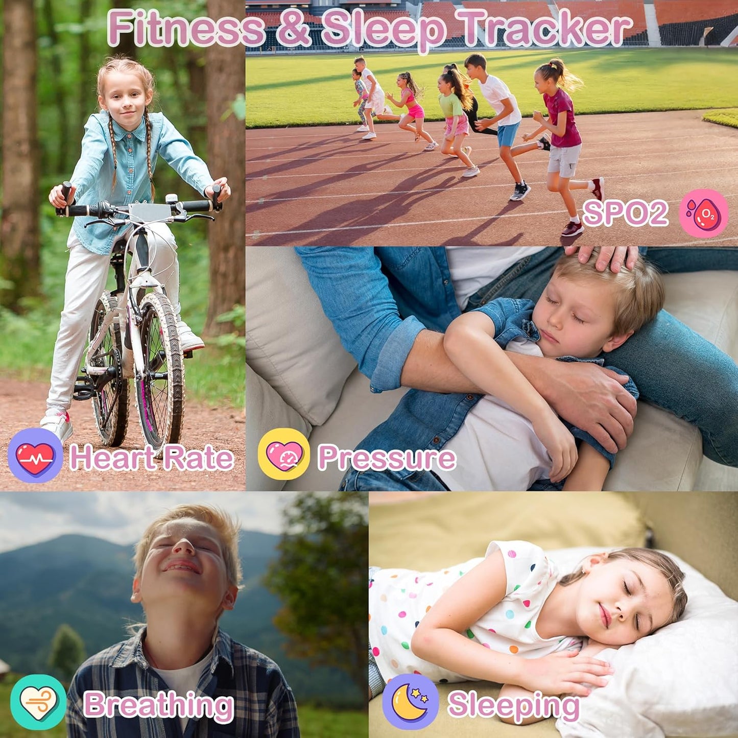 Kids Smart Watches Girls with Fitness & Sleep Tracker, Waterproof Sport Modes SOS DIY Dial Heart Rate Blood Oxygen Monitor HD Camera Games Music Recorder, NO APP/Phone, Gift for 5-14 Teen Girls