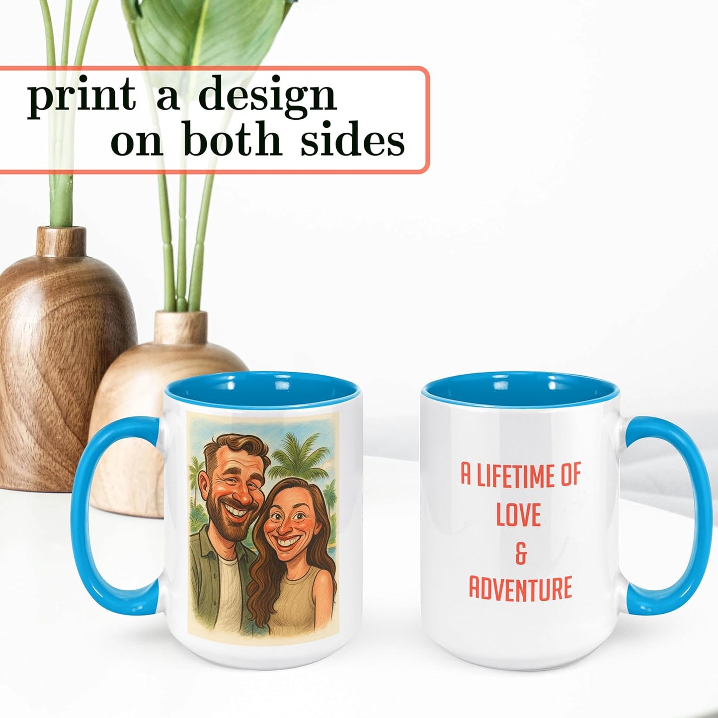 Personalized Coffee Mug, Custom Photo Caricature Gift, Funny Customized Coffee Gift for Men & Women, Custom Mugs with Pictures, Light Blue 15oz Customized Ceramic Tea Cup
