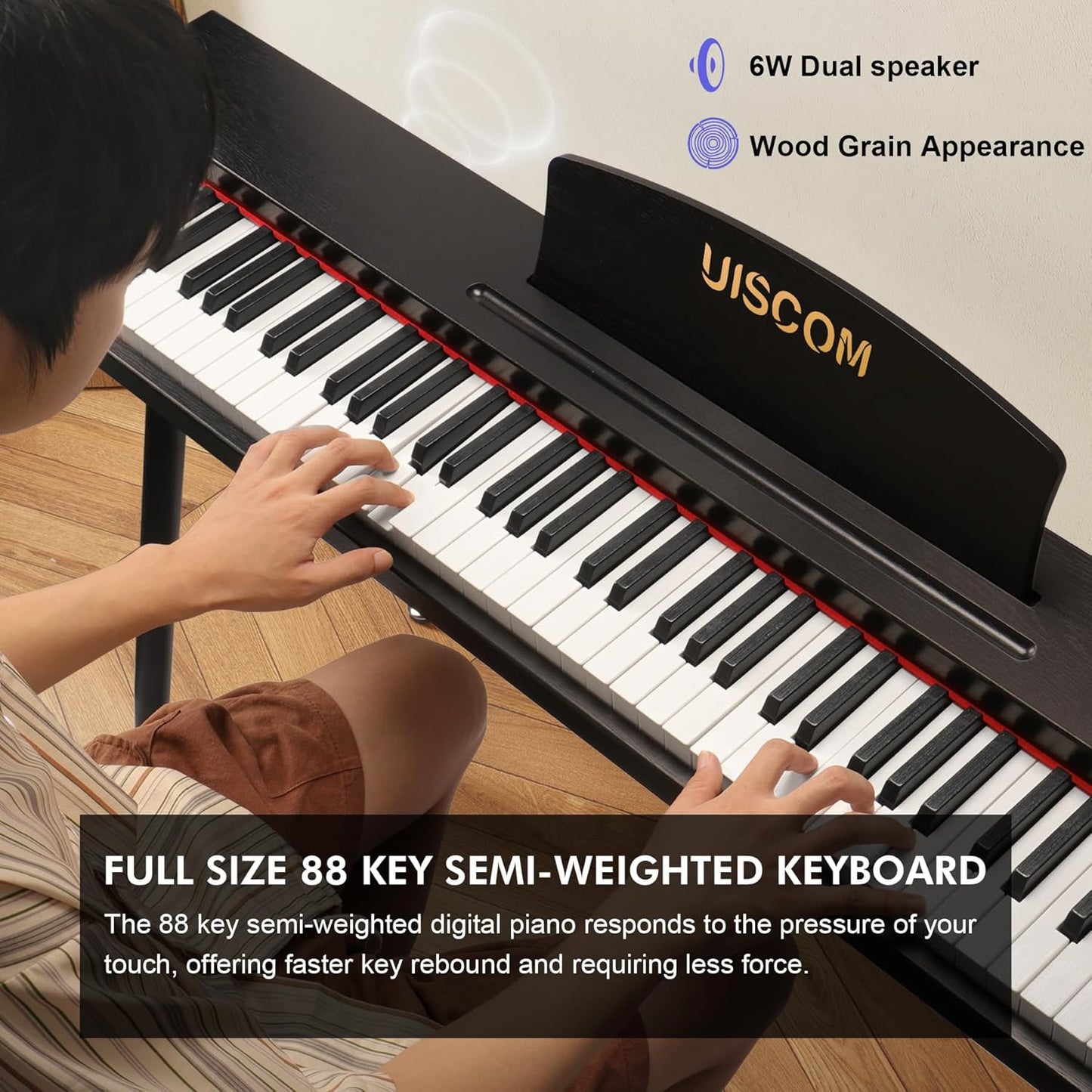 Digital Piano Keyboard for Beginners,Full Size 88 Key Semi-Weighted Keyboard Electric Piano with Stand,Power Adapter,Sheet Music Stand,Pedal,Headphone,USB-MIDI Compatibility,Wood Black