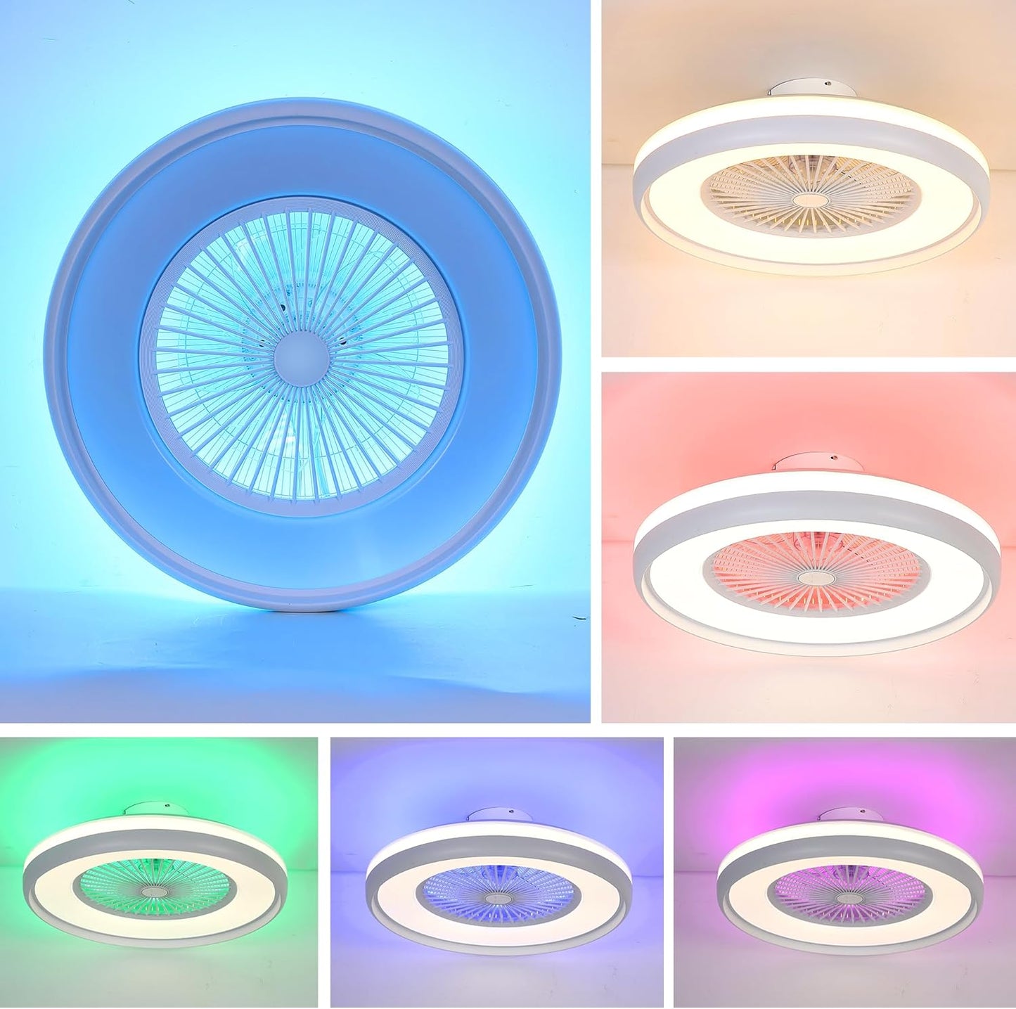 24" Bladeless Ceiling Fan with RGB Light Remote, Smart LED Ceiling Fans with Voice/App Control, Modern Low Profile Dimmable Light Ceiling Fan for Bedroom Living Room