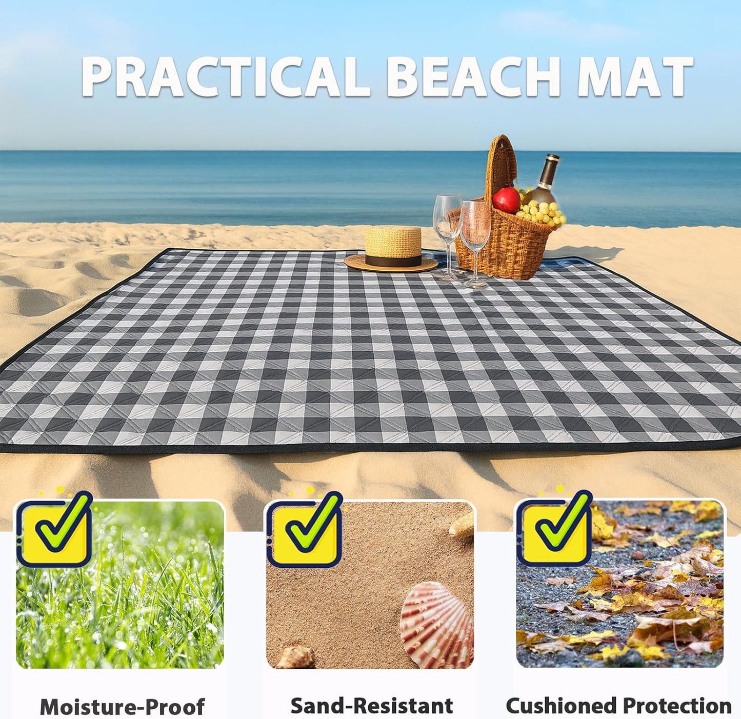 TigeJoy Extra Large Picnic Blanket Waterproof Foldable 60''x80'', Outdoor Picnic Mat Beach Blanket Sandproof for Park, Grass, Travel, Hiking, Camping Essentials, Gingham Picnic Blanket