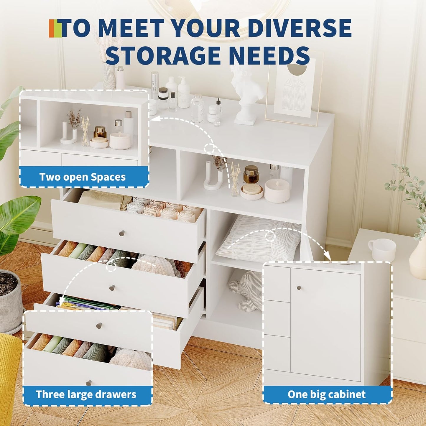 Nursery Dresser with Changing Table Top - Tall Wooden Diaper Changing Station with 2 Open Shelves, 3 Drawers, and 1 Cabinet, Ideal for Children's Room, White