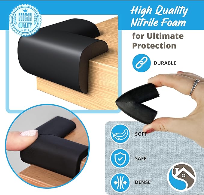 12-Pack Corner Protectors Baby Proof, Furniture Corner and Edge Safety Bumpers, Soft Rubber Foam Cushion Covers, 3M Taped Corner Guards, Baby Child Proofing Pads, Table Corner Protectors, Black