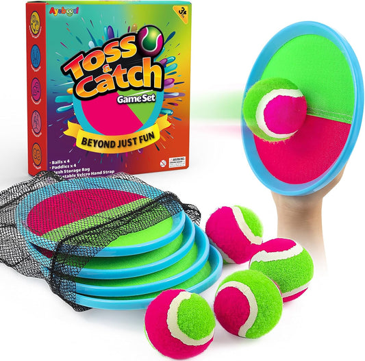 Ayeboovi Toss and Catch Ball Set Beach Toys Pool Toys Outdoor Games Outdoor Toys Yard Games Easter Toys Gifts for Kids Ball and Catch Game with 4 Paddles and 4 Balls [Upgraded Version]
