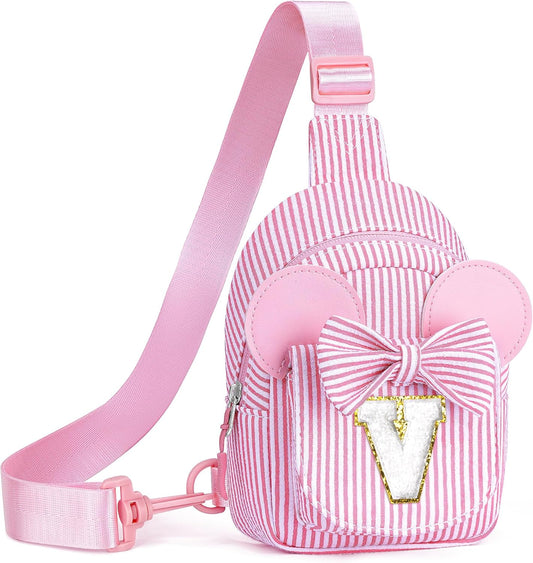 Girls Sling Bag - Birthday Gifts for 3 4 5 6 7 8 9 Year Old Girl, Birthday Gifts for Girl Daughter Sister, Initial Cross Body Bags for Girls Sling Bag for Kids Purse(Pink V)