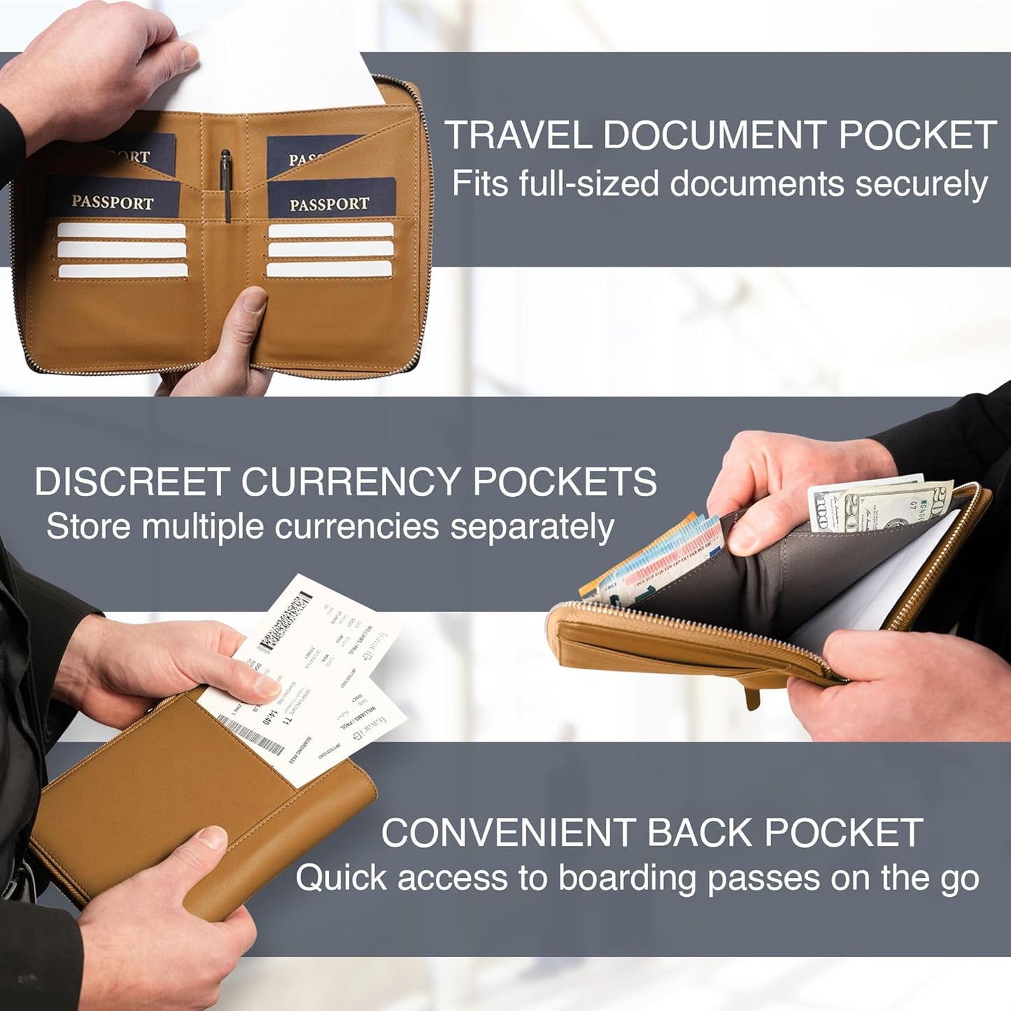 Full Grain Leather Family Passport Holder for 2-4 Passports - RFID Passport Holder and Travel Document Organizer - Large Leather Travel Wallet for Couples and Families - Camel