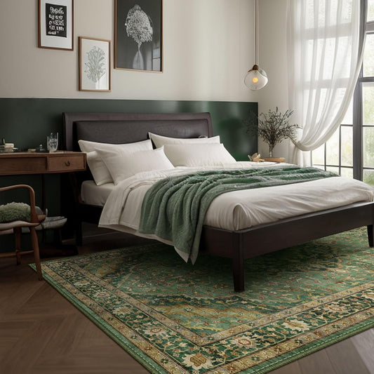Green Rugs for Living Room - Boho 4x6 Area Rug Ultra Soft Vintage Rugs for Bedroom Playroom Decor, Low Pile Non-Slip Backing Throw Rugs Washable (Border Green