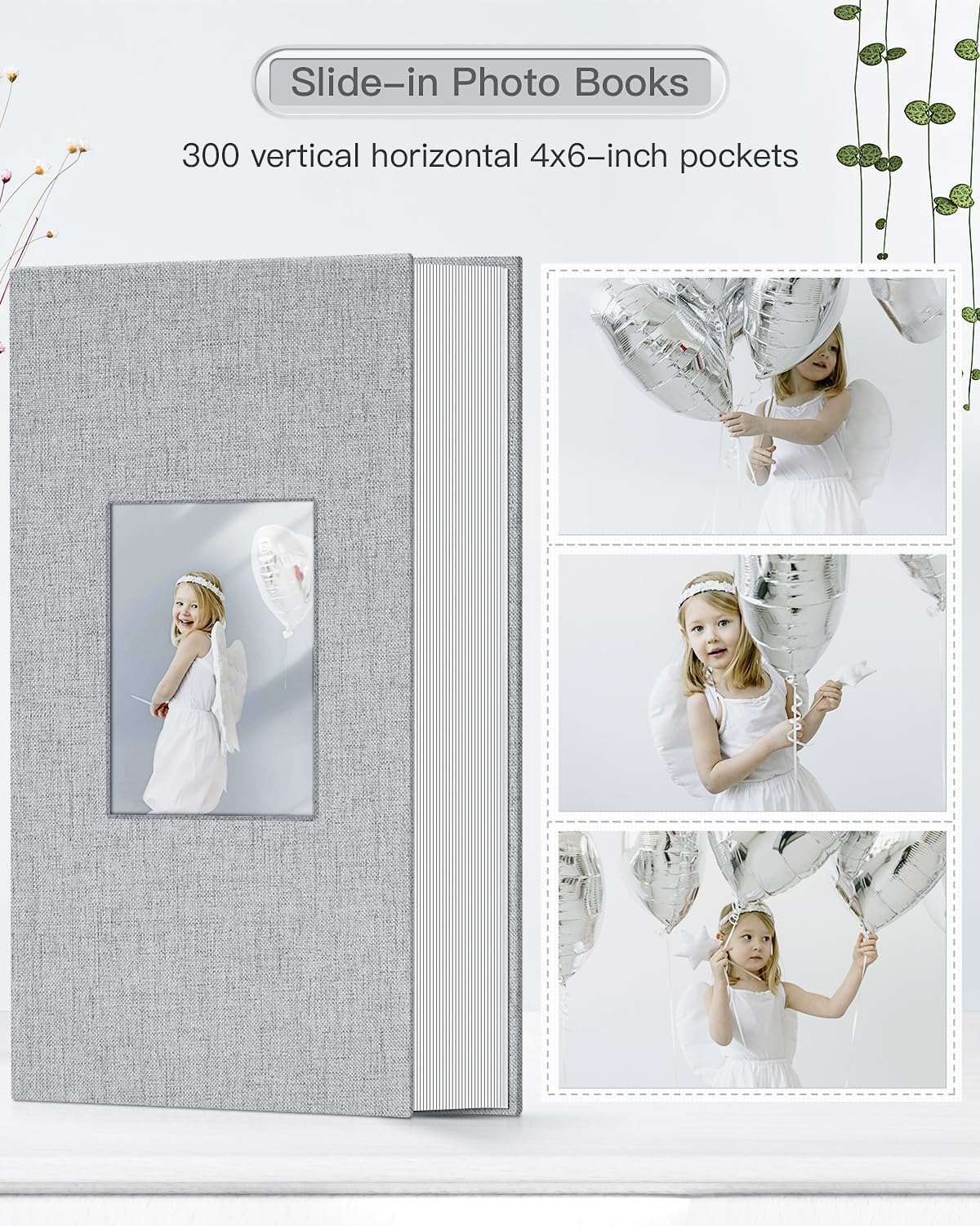 Popotop Photo Album 4x6-300 Photos Linen Cover Photo Books with 300 Horizontal Pockets,Slip-in Picture Albums for Family Wedding Anniversary Baby Vacation Pictures Gray
